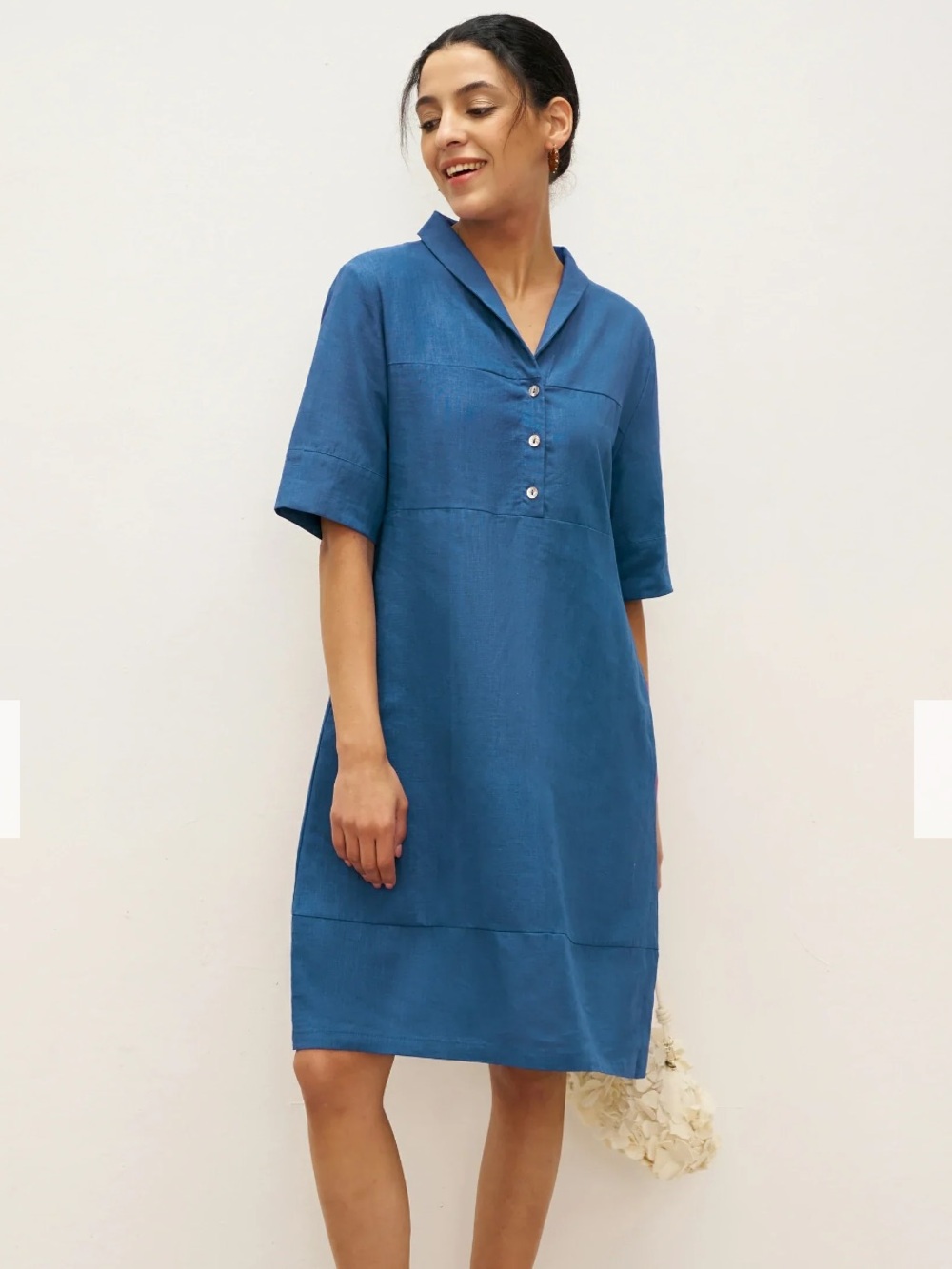 Lintico Linen Shawl V-Neck Half Sleeve Dress LIVIA Sz L NEW Sea Blue Coastal